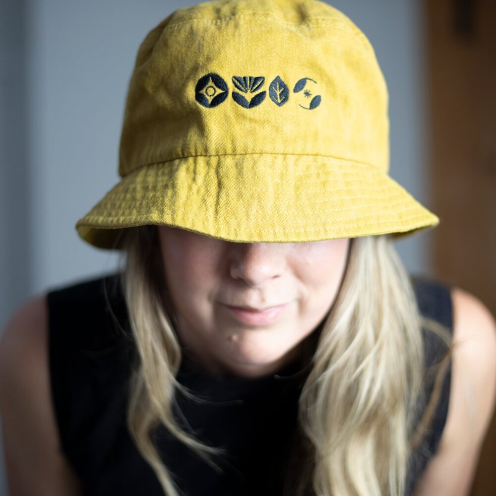 Mustard Yellow Embroidered Cotton Bucket Hat | Nature Icons | Celestial Boho - Picture 6 of 6